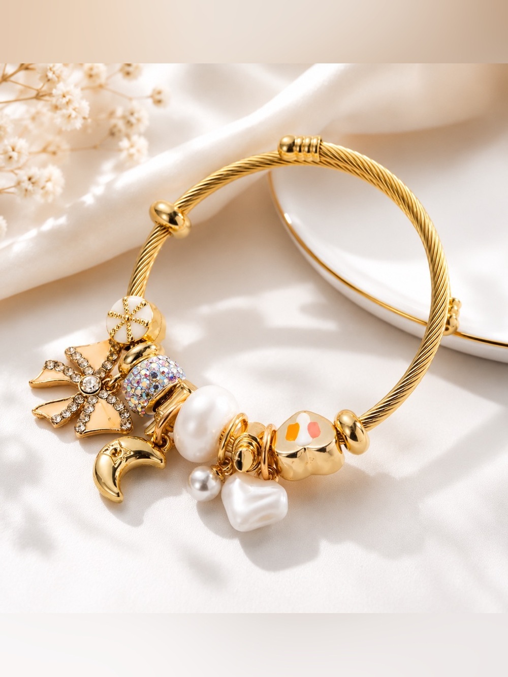 Gold Charm Bangle Bracelet with White and Iridescent Accents